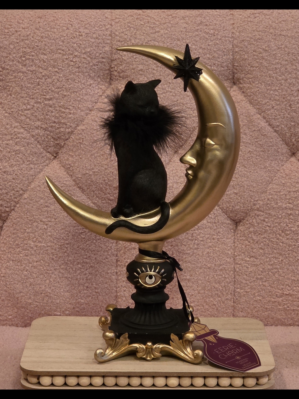 Halloween Gold Crescent Moon with Black Cat Accent